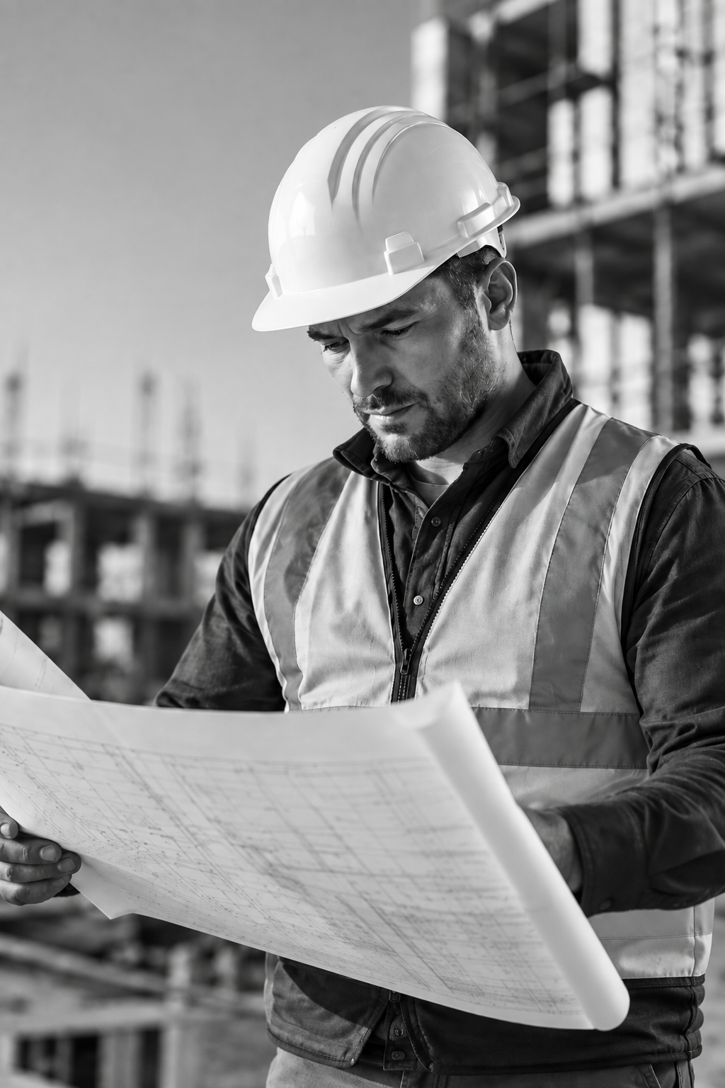 A construction site manager reviewing building plans