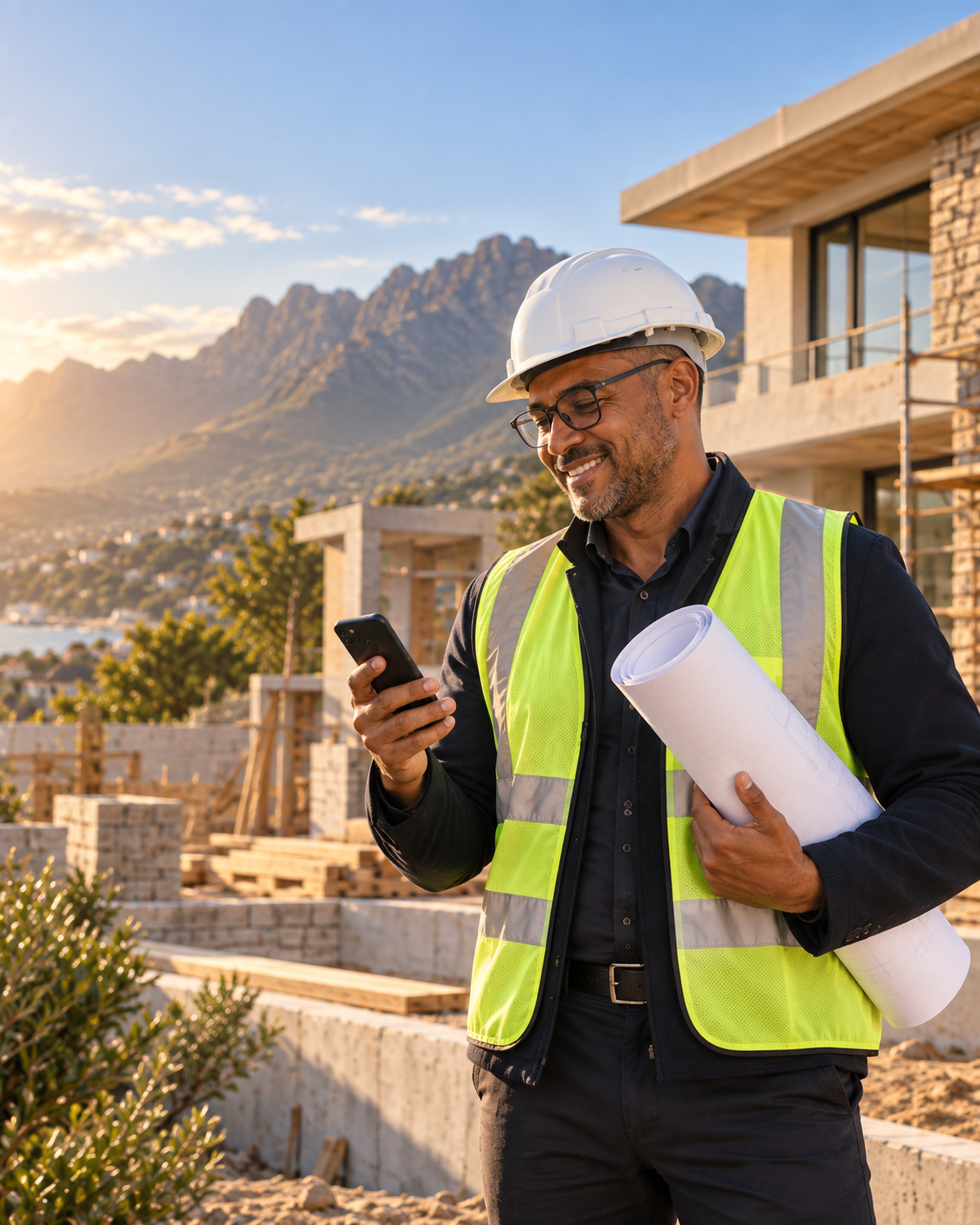 A South African contractor in a hard hat and high-vis vest holding plans and checking his phone on a residential building site