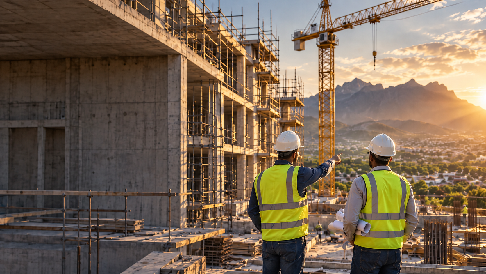 Two construction professionals overlooking an active commercial building project in Greater Boland