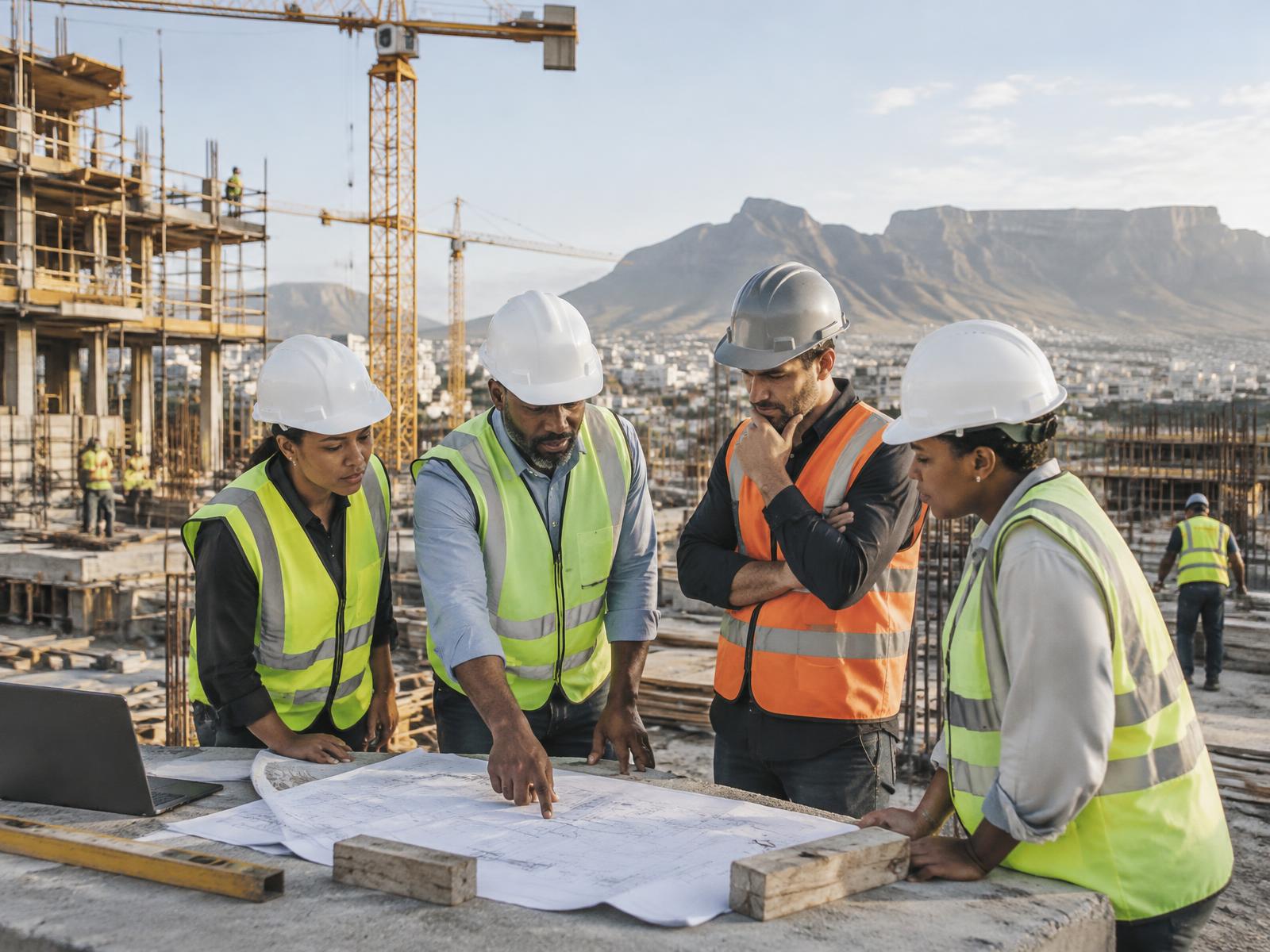Construction professionals reviewing plans together on an active building site