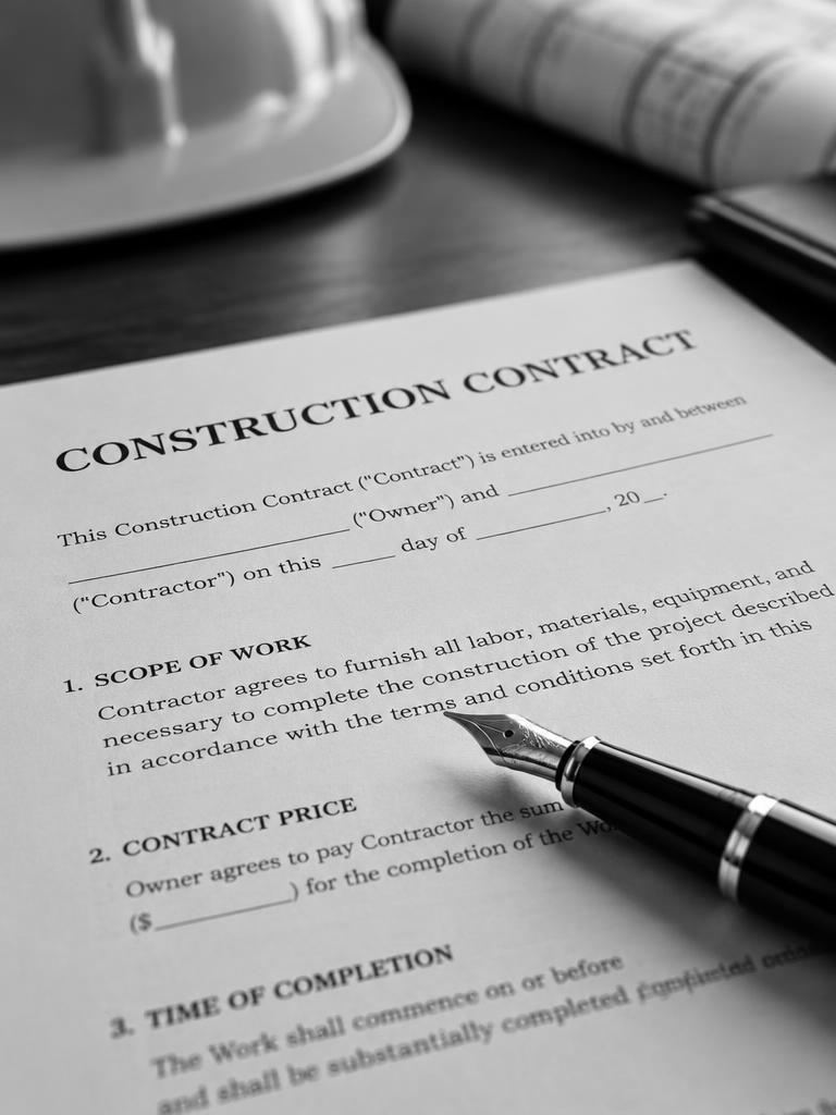 A construction contract document with a fountain pen