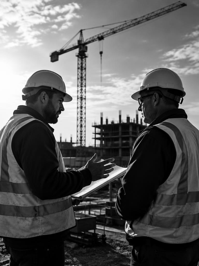 Two construction professionals in discussion on an active commercial site