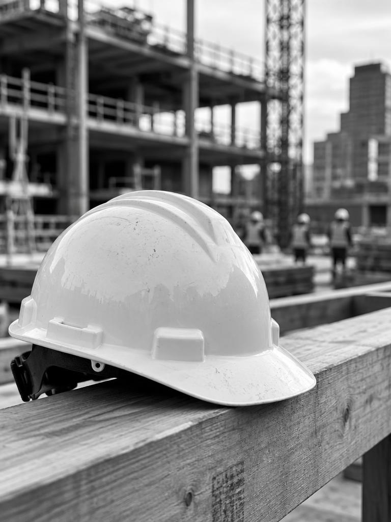 A safety hard hat on a wooden beam at a commercial construction site