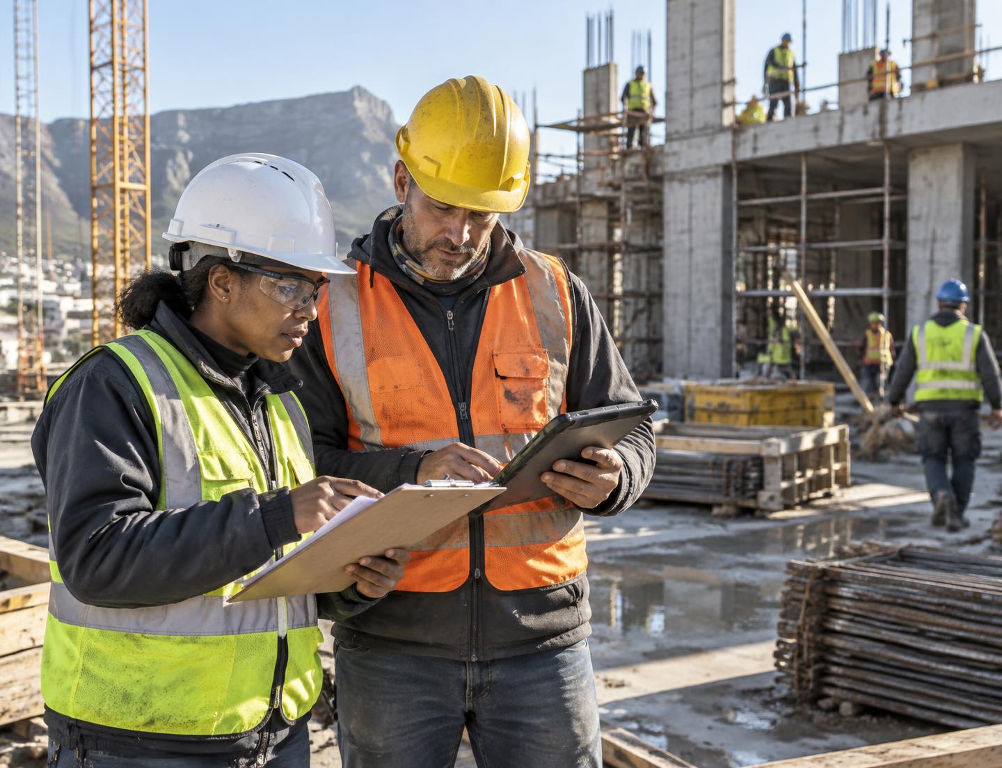 Construction professionals reviewing site safety documentation on an active project